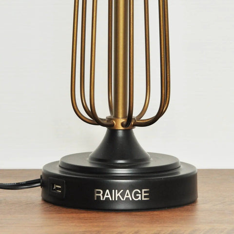 Close-up of bronze metal base with USB port of Retro Metal Bedside Lamps Set Of 2 With Touch Control And 3 Way Dimming, Beige Linen Shade.