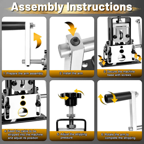 Beefy Copper Wire Stripper Machine assembly instructions for 0.06 to 1 inch cables, showing preparation and setup steps.