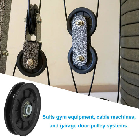 Close-up of Heavy Duty Nylon Pulley Wheels 4 Pack For Cable Machines And Gym Equipment featuring smooth bearings and steel inserts.