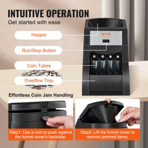 Efficient US Coin Sorter And Wrapper Machine With Four Large Coin Tubes, intuitive operation labels, black