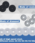 Do It All Rotary Tool Cutting Wheel Set with HSS blades, resin discs, diamond wheels for wood, metal, plastic, glass, stone cutting.