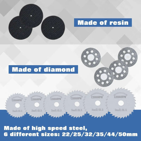 Do It All Rotary Tool Cutting Wheel Set with HSS blades, resin discs, diamond wheels for wood, metal, plastic, glass, stone cutting.