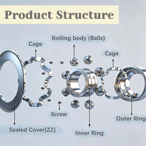 608ZZ Dope Ball Bearing Kit, 200 Pieces, Deep Groove Carbon Steel Bearings 8x22x7mm exploded view showing cage, balls, inner ring, and outer ring
