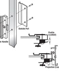 Diagram of Non Keyed Diecast Sliding Glass Door Handle Set in black with installation details and measurements.