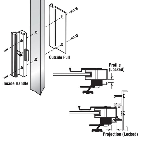Diagram of Non Keyed Diecast Sliding Glass Door Handle Set in black with installation details and measurements.
