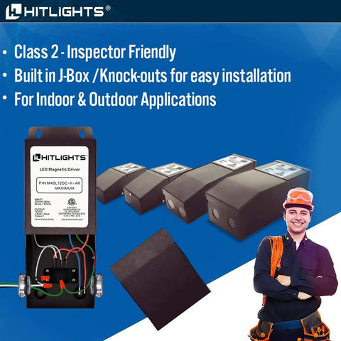 Dimmable LED Driver Transformer 12V 40W Magnetic Power Supply 120V AC To 12V DC For LED Strip Lights Kitchen Cabinets Flicker Free Dimming Plug And Play Works With Lutron And Leviton Dimmers Class 2 ETL Listed, shown with installation features and illustration of a technician.