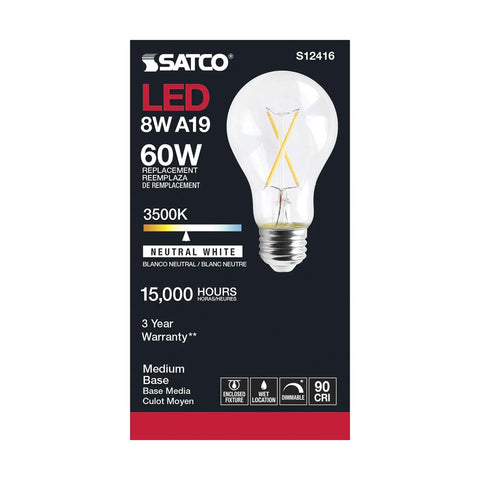 Dimmable LED Filament Bulbs S12416 810 Lumens 8W A19 E26 Medium Base 3500K Neutral White packaging front display