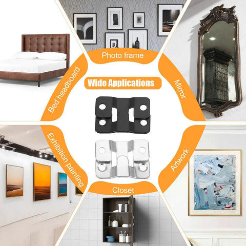 Massive 200-Piece Flush Mount Bracket Set with stainless steel hanging buckles for headboards and art frames, applications image