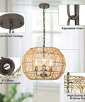 Rustic Woven Pendant Light With Hemp Rope Finish For A Coastal Beachy Vibe 3 Light Metal Basket Fixture On Adjustable 39 Inch Chain Vintage Chandeliers For Kitchen Dining Table Living Room E12 Base, showing chain, canopy, and texture details.