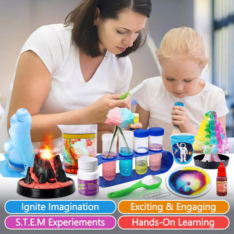 310 Experiments Science Kit For Kids Chemistry Set STEM Toys With Fully Illustrated Color Manual Hands On At Home Science Lab For Curious Minds Awesome Gift Idea For Boys And Girls, mother and child testing colorful lab experiments