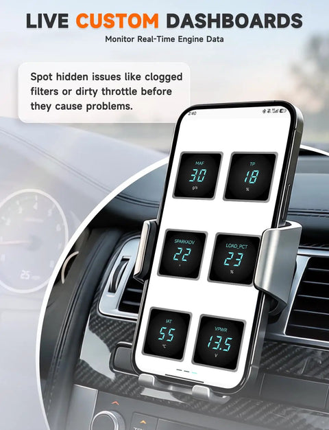 Bluetooth OBD2 Scanner For DIYers displaying live engine data on smartphone mounted in car dashboard