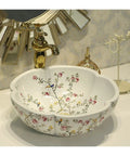 USZWBY Bathroom Vessel Sink China Painting Flower and Bird Ceramic Painting Art Bathroom Vessel Sinks Round Countertop Wash Basin,1Sink Only Bathroom Sink featuring floral design.