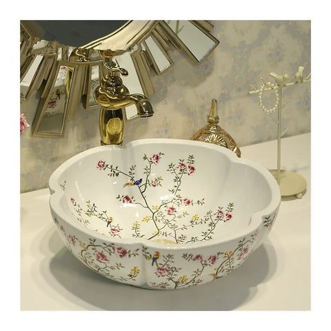 USZWBY Bathroom Vessel Sink China Painting Flower and Bird Ceramic Painting Art Bathroom Vessel Sinks Round Countertop Wash Basin,1Sink Only Bathroom Sink featuring floral design.
