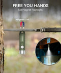 500 Lumen Rechargeable Keychain Flashlight With Magnetic Base USB C EDC Pocket Light attached to knife in forest