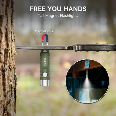 500 Lumen Rechargeable Keychain Flashlight With Magnetic Base USB C EDC Pocket Light attached to knife in forest