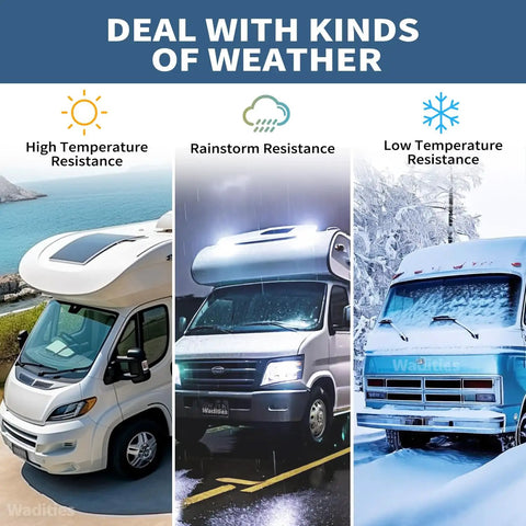 Three RVs showcasing Flexible RV Roof Coating White Solar Reflective Sealant For Campers Trailers And Motorhomes UV Resistant.