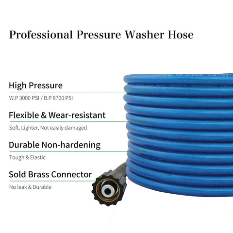 Heavy Duty Pressure Washer Hose 25 Ft 1/4 Inch Ultra Flexible Replacement Extension Hose, 3000 PSI Max, Wear Resistant Outer Layer