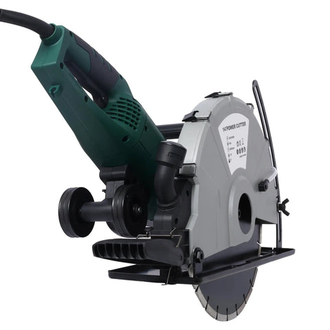 Tough As Nails 14 Inch Wet Or Dry Corded Concrete Saw With 2600 Watt Motor And Steel Frame Ready To Rip Right Out Of The Box With Cutting Blade Plus Water Cooling Line And Guide Roller, close-up view.