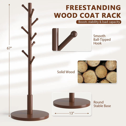 Freestanding Wooden Coat Rack With Eight Rounded Tip Hooks Three Adjustable Heights Hat And Coat Tree Stand For Entryway Hallway Bedroom Or Office Sturdy Brown Finish, showing detailed features.
