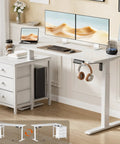 This 55 inch white electric standing desk features smooth height adjustment with dual monitors and storage drawers.