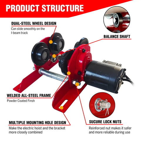 Heavy Duty Electric Trolley For Power Hoist 1100 Lbs On 2.68 To 4.33 In I Beam Fits PA200 To PA500 Hoists Geared Push Overhead Crane Wheel System