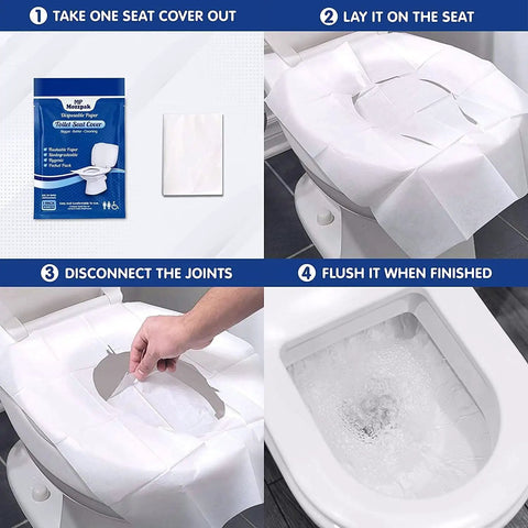 Instructional guide for Flushable Toilet Seat Covers Disposable 100 Pcs Pack XL Size Travel Essential with step-by-step usage.