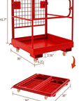 Front view of red 1200 lb capacity foldable forklift safety cage with grid sides, drain hole, 36x36 in base.