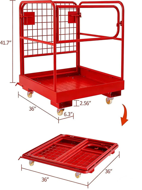 Front view of red 1200 lb capacity foldable forklift safety cage with grid sides, drain hole, 36x36 in base.