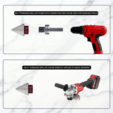 Diamond Beveling Chamfer Drill Bit For Tile Marble Granite Ceramic With Countersink Hole Saw 5/8-11 Thread Pro Grade Sharpener For Angle Grinder 3/8 Inch Hex Shank Delivers Precise Bevels And Smooth Edges alongside drill and angle grinder.