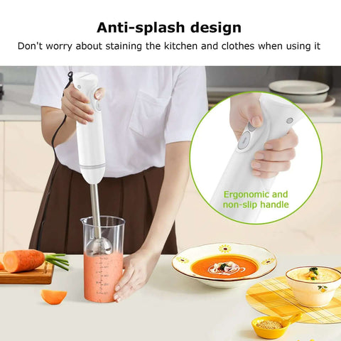 Kickass Two Speed Handheld Immersion Blender With Stainless Steel Blades Adjustable Mixing Speeds For Crushing Smooth Soups And Creamy Baby Food Purees Quick Kitchen Tasks in use making pureed soup.