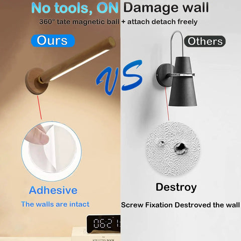 360 Degree Rotatable Wooden LED Wall Light With Magnetic Detachable Mount, stepless dimmable night light vs traditional lamp