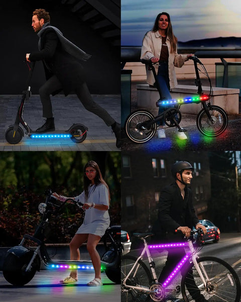 LED Light Kit For Scooters With Multi Color LEDs, Lighting Modes, And App Control on scooters, bikes, and skateboards at night