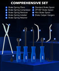 2 In 1 Brake Caliper Compression Tool Set With 32 Pieces for Disc and Drum Brakes, showing pliers, spoons, hangers, blue handles