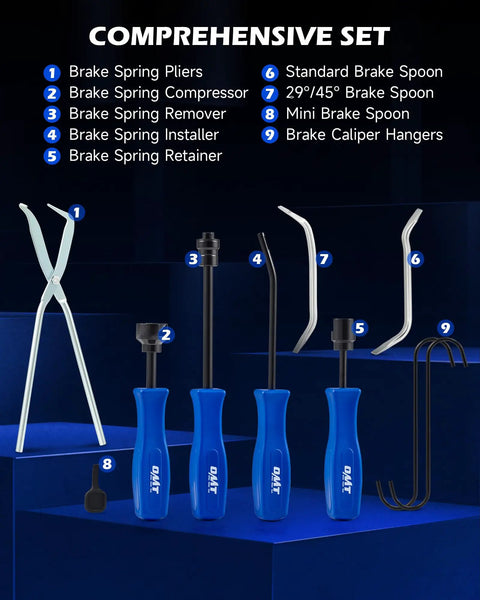 2 In 1 Brake Caliper Compression Tool Set With 32 Pieces for Disc and Drum Brakes, showing pliers, spoons, hangers, blue handles
