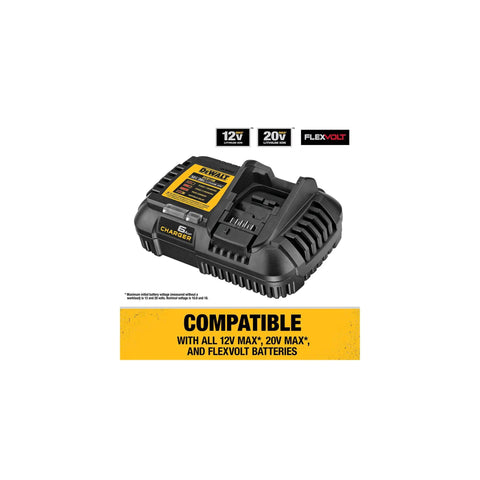 All In One Battery Charger For 12V Max, 20V Max, And FlexVolt 20V 60V Max Packs with compatability text and logos