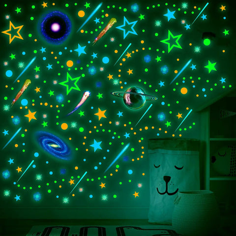 495 Piece Glow In The Dark Moon And Star Wall Decals for Ceiling and Walls with galaxy planets for kids room decor