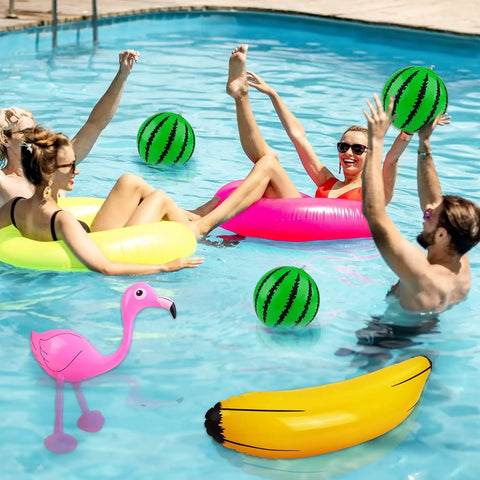 Luau Party Inflatable Decor Set 2 Pack Fringed Coconut Trees 4 Inflatable Watermelons 12 Monstera Leaves 12 Hawaiian Flowers