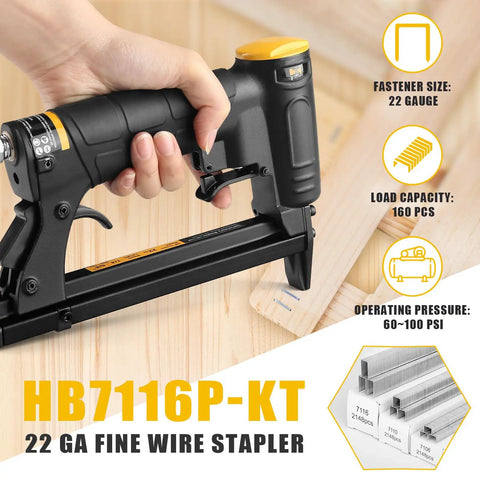Lightweight 22 Gauge 3/8 Inch Crown Pneumatic Upholstery Stapler Kit with 6000 Staples, rear exhaust shown in use