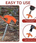 Fifty Pack Eight Inch Screw In Tent Stakes Heavy Duty Ground Stakes With Hex Head Driver installed in ground with tools