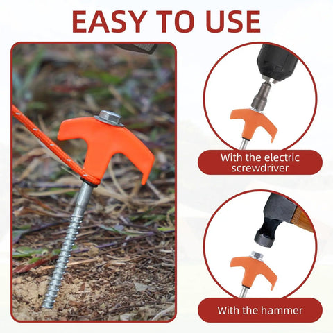 Fifty Pack Eight Inch Screw In Tent Stakes Heavy Duty Ground Stakes With Hex Head Driver installed in ground with tools