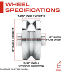 Side view of chrome Heavy Duty 3 Inch V Groove Wheel For Sliding Gates with size specs: 1/2 inch bore, 2 inch hub, 1000 lb load capacity.