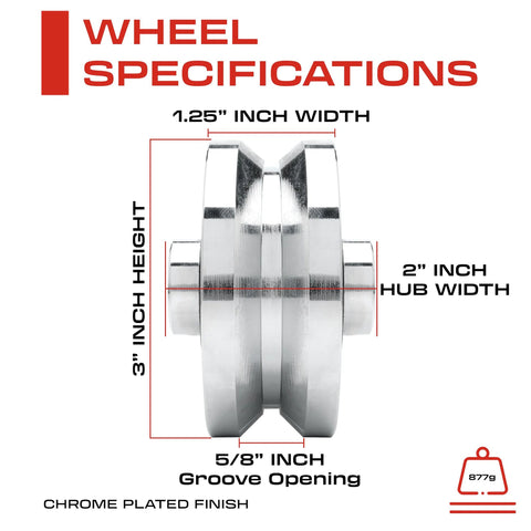 Side view of chrome Heavy Duty 3 Inch V Groove Wheel For Sliding Gates with size specs: 1/2 inch bore, 2 inch hub, 1000 lb load capacity.