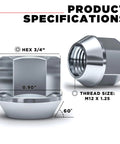 Zinc M12x1.25 Open End Bulge Acorn Lug Nuts With 60 Degree Conical Seat, 3/4 Inch Hex, Cold Forged Steel, side and top view diagrams