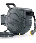 Heavy Duty Retractable Garden Hose Reel Half Inch By 100 Foot With Slow Auto Retract No Fuss Anti-Tangle Design Dual Ratchet Lock UV And Freeze Protection Brass Seal 180 Degree Swivel Reinforced Scaffold Wall Mount, wall-mounted with hose and nozzle