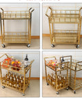 Rustic Industrial Bar Cart Rolling Serving Trolley With Three Tier Storage And Built In Wine Rack Smooth Glide Heavy Duty Wheels, gold finished with drinks.