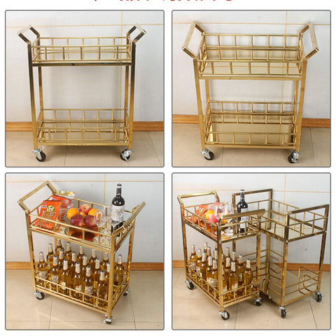 Rustic Industrial Bar Cart Rolling Serving Trolley With Three Tier Storage And Built In Wine Rack Smooth Glide Heavy Duty Wheels, gold finished with drinks.