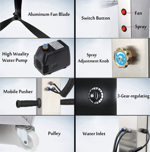 Detailed components of a Badass Industrial Mist Fan With Rolling Pedestal And Huge Water Tank for optimal cooling.