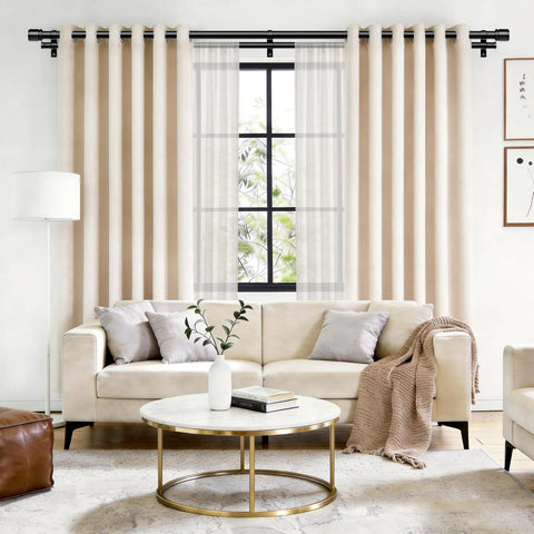 Living room with beige curtains hung on heavy duty telescoping double curtain rod for windows 72 to 144 inches, black finish.