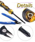Close-up of screwdriver and pliers from Pro Grade Coaxial Cable Tool Kit 14 Piece With Ratcheting Crimp Pliers, Cable Stripper, and 10 50 Ohm Male and Straight Connectors for RG Coax Cables, Heavy Duty Set for Installers and DIY Techies