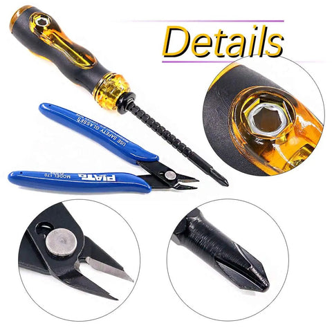 Close-up of screwdriver and pliers from Pro Grade Coaxial Cable Tool Kit 14 Piece With Ratcheting Crimp Pliers, Cable Stripper, and 10 50 Ohm Male and Straight Connectors for RG Coax Cables, Heavy Duty Set for Installers and DIY Techies